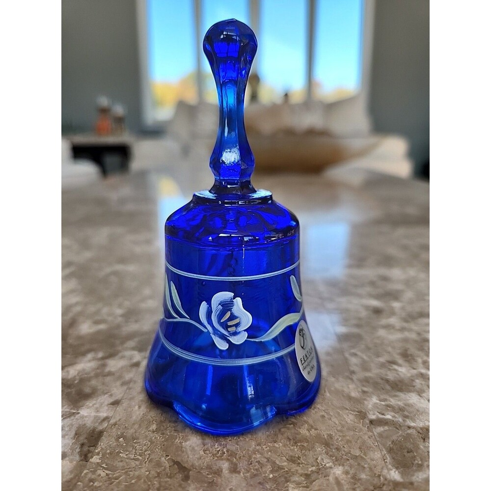 Fenton Blue Cobalt Hand Painted Bell, M. Young